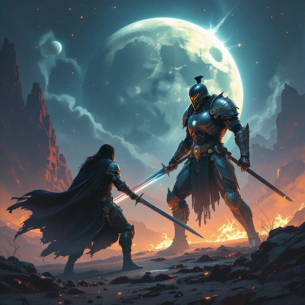 Warrior Quiron Battles Saturn in Dystopian Landscape