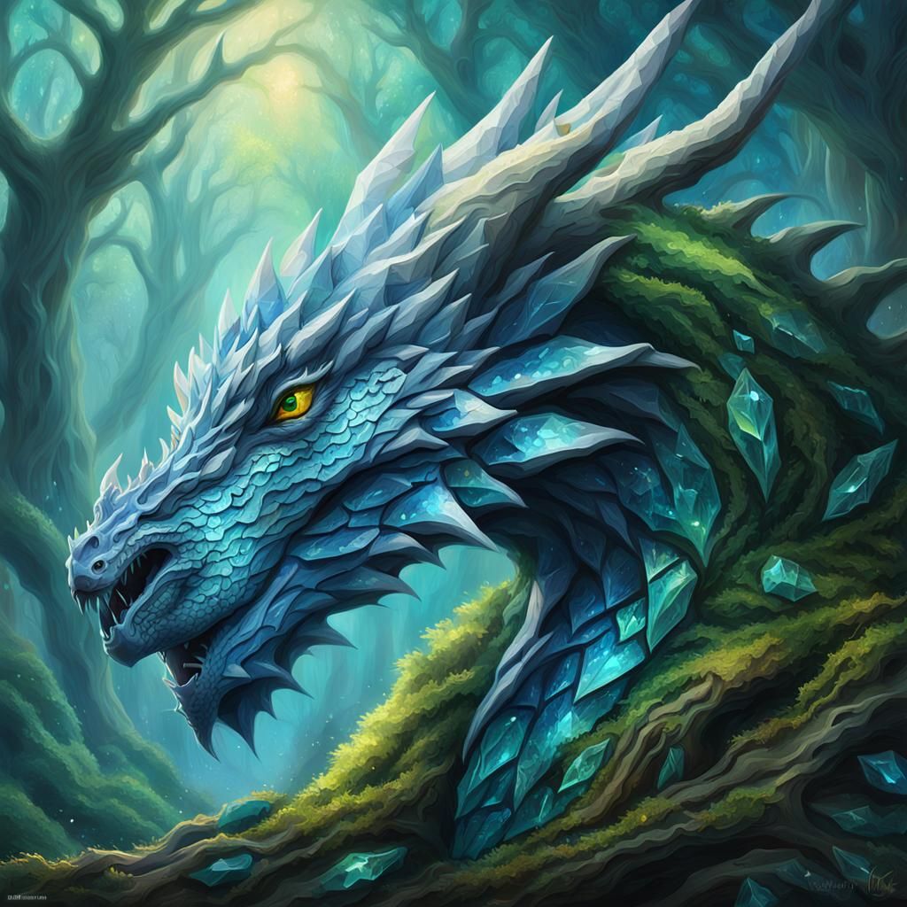 Crystalline Dragon in Mystical Forest: Fantasy Concept Art
