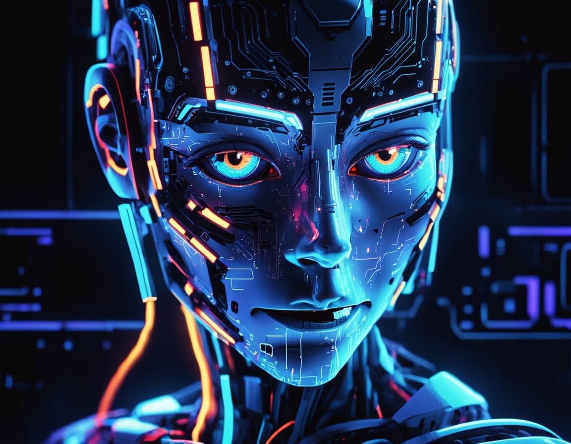 Robotic Face in Neon Noir Glitch Art