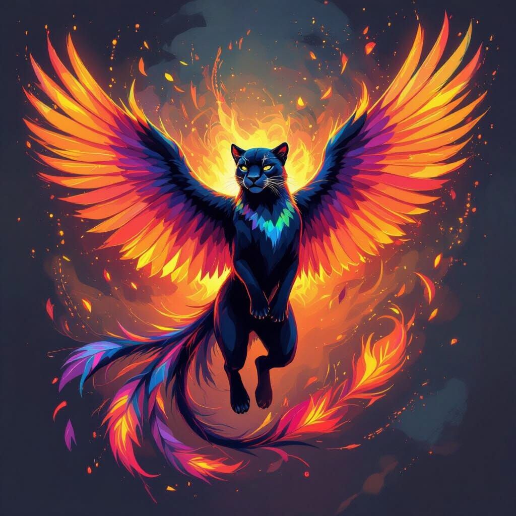 Panther Phoenix with Iridescent Wings and Fiery Plumage