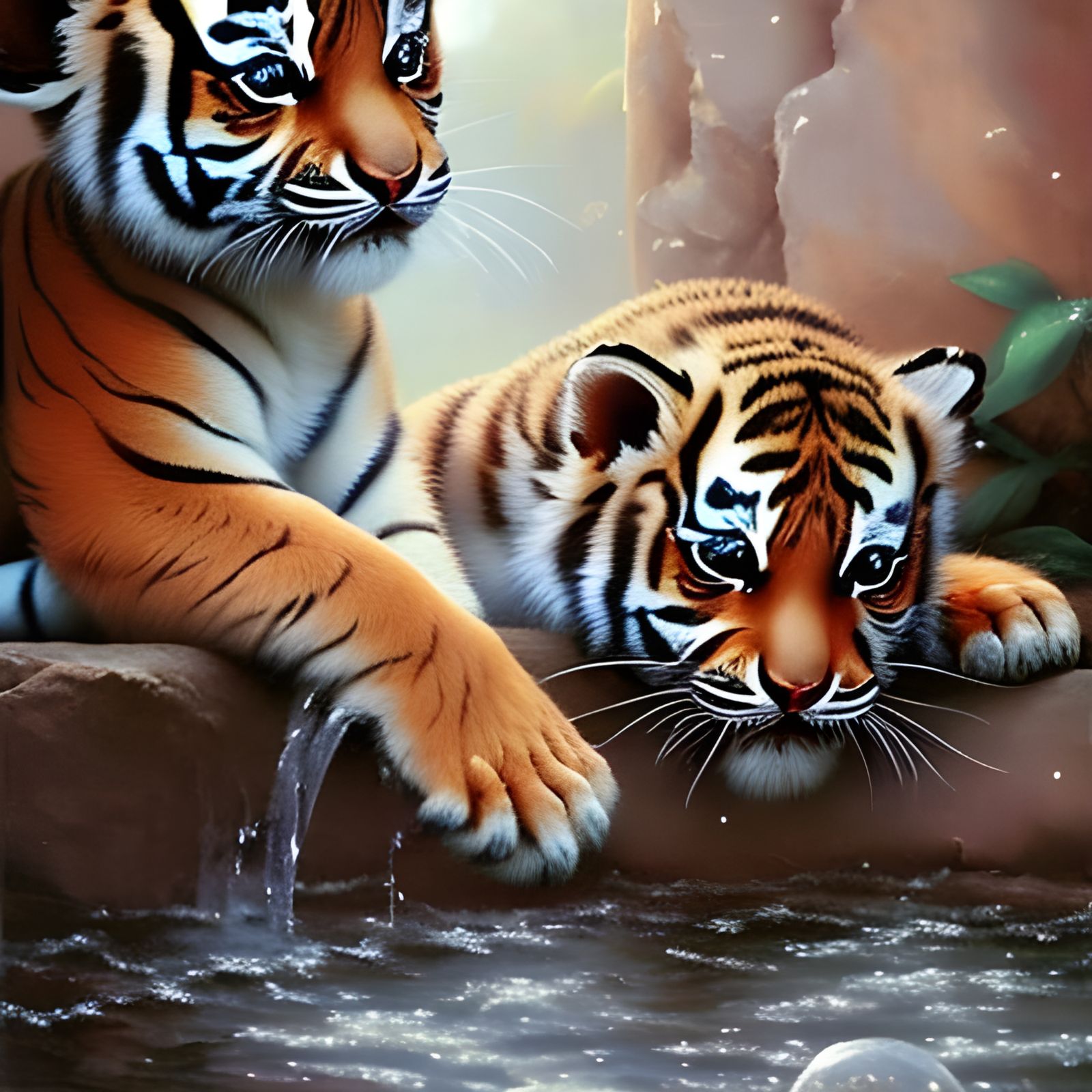 Adorable Baby Tiger in Rain, Digital Illustration