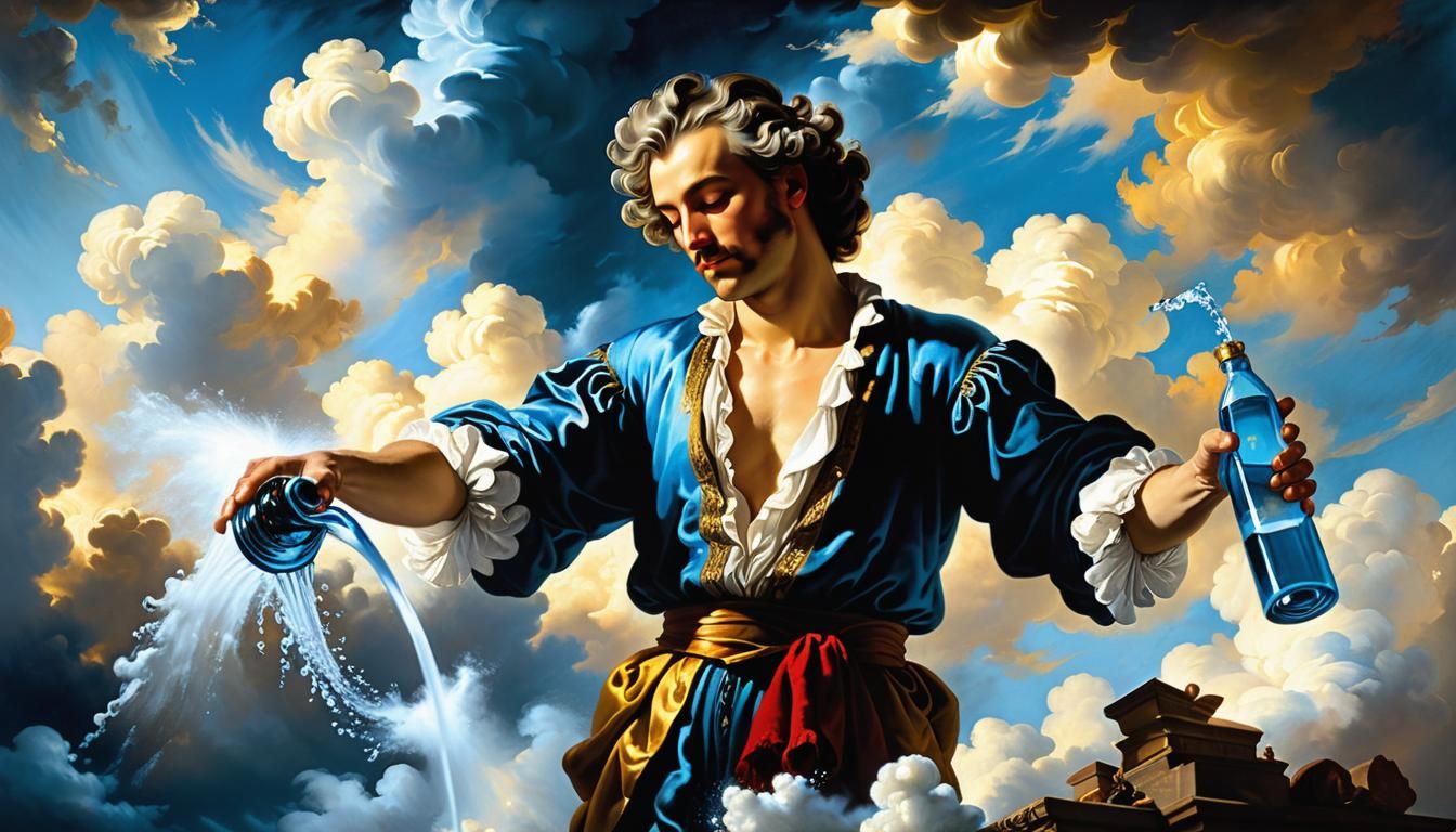 Baroque Man Waters Clouds in Oil Painting