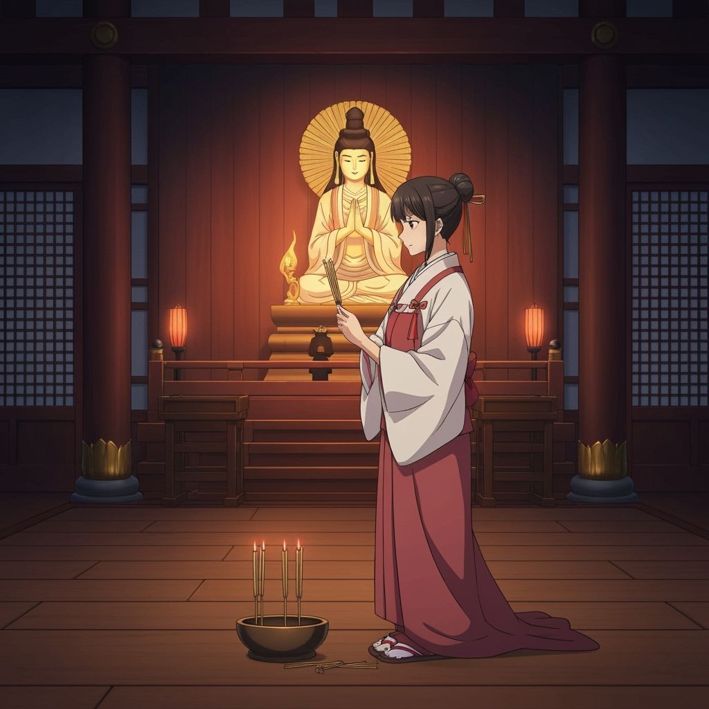 Japanese Woman Lights Incense in Shinto Temple Anime Style