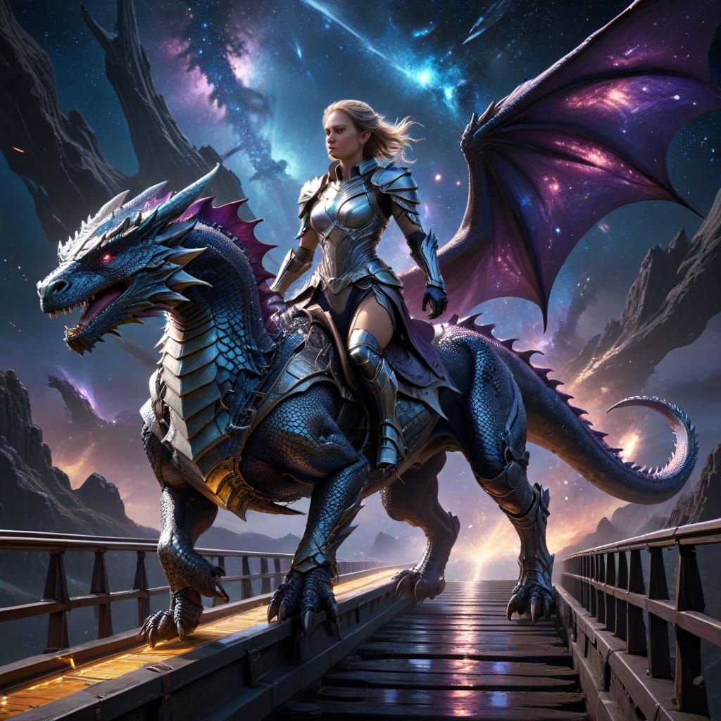 Warrior Woman Rides Dragon Under Andromeda Galaxy