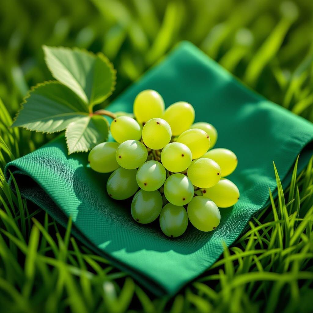 Green Grapes on Napkin on Grass Still Life