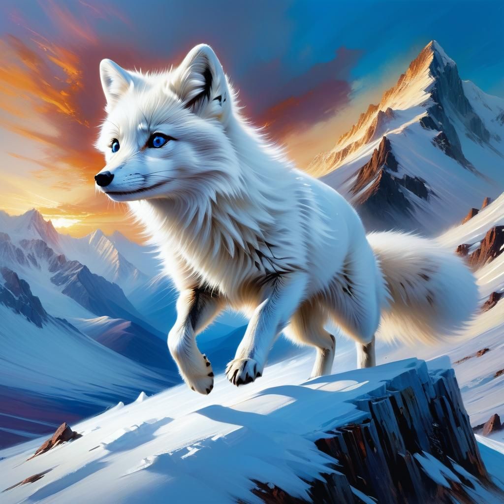 Arctic Fox Leaps at Sunset: Digital Matte Painting