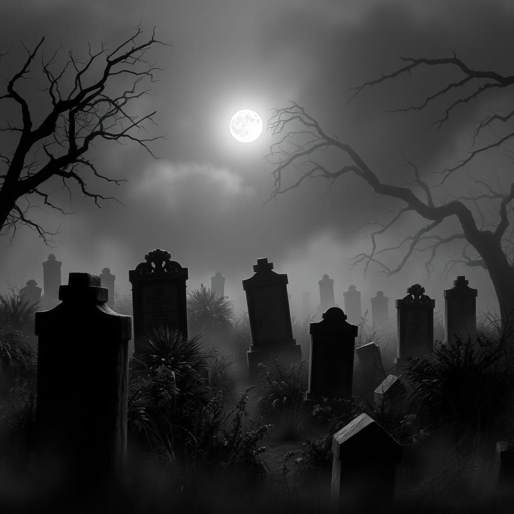 Eerie Graveyard Scene in Black and White