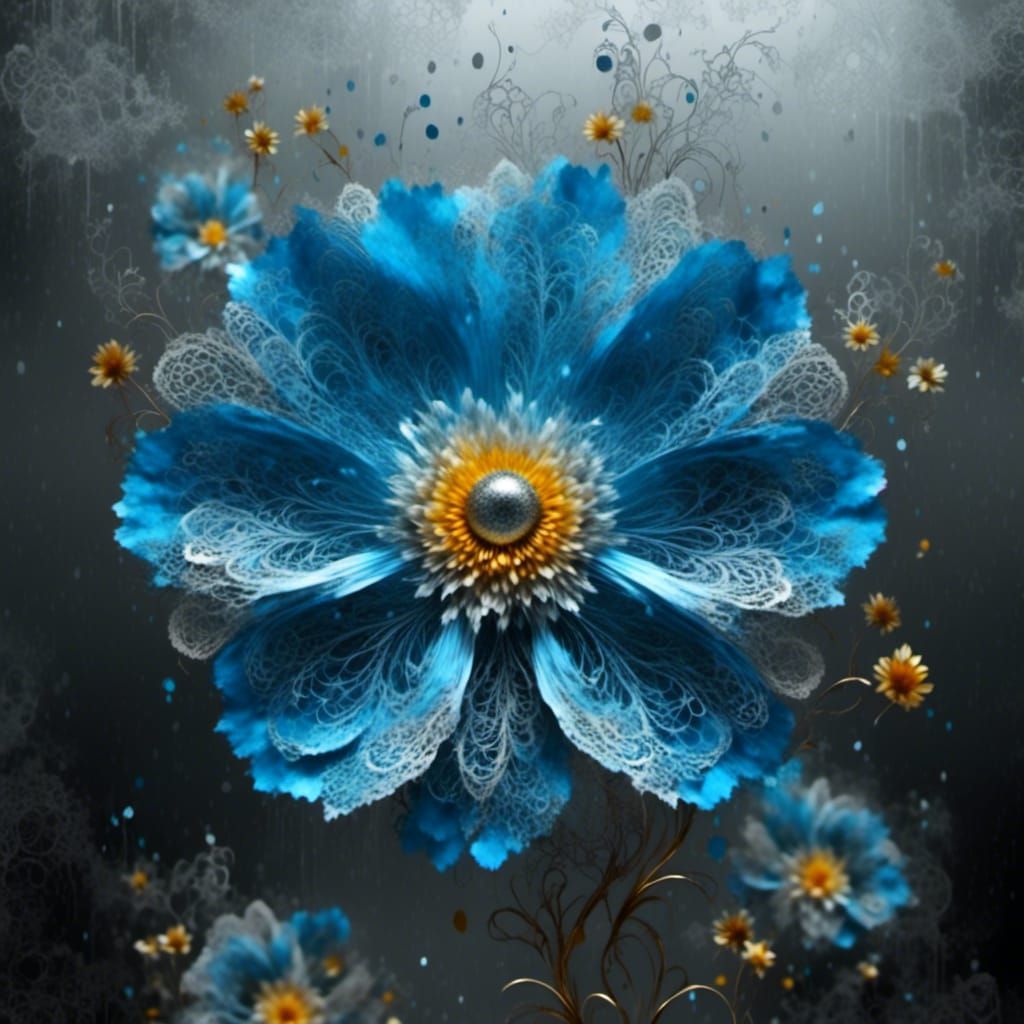 Blue Flower with Earth Center in Rainy Lace Garden