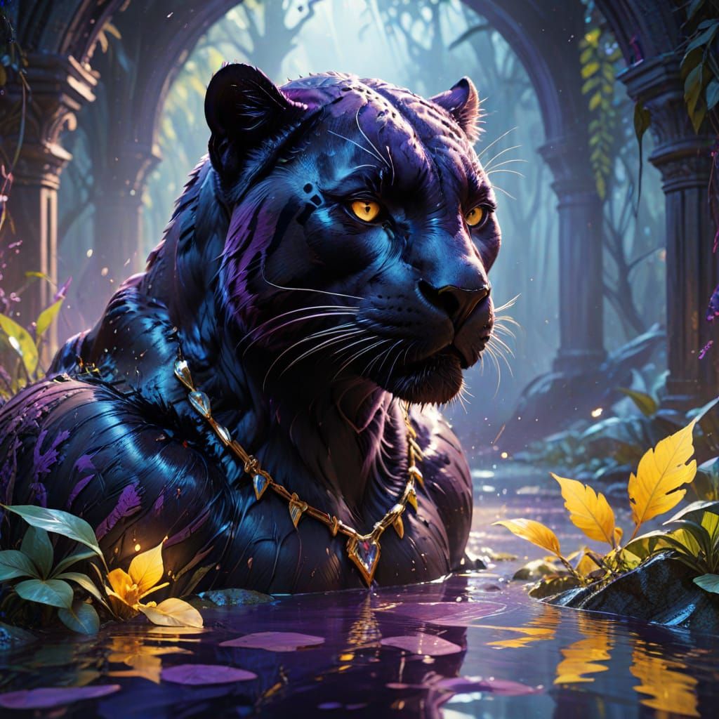 Panther Drinking in Jungle Pool as Neo-Impressionist Oil Pai...