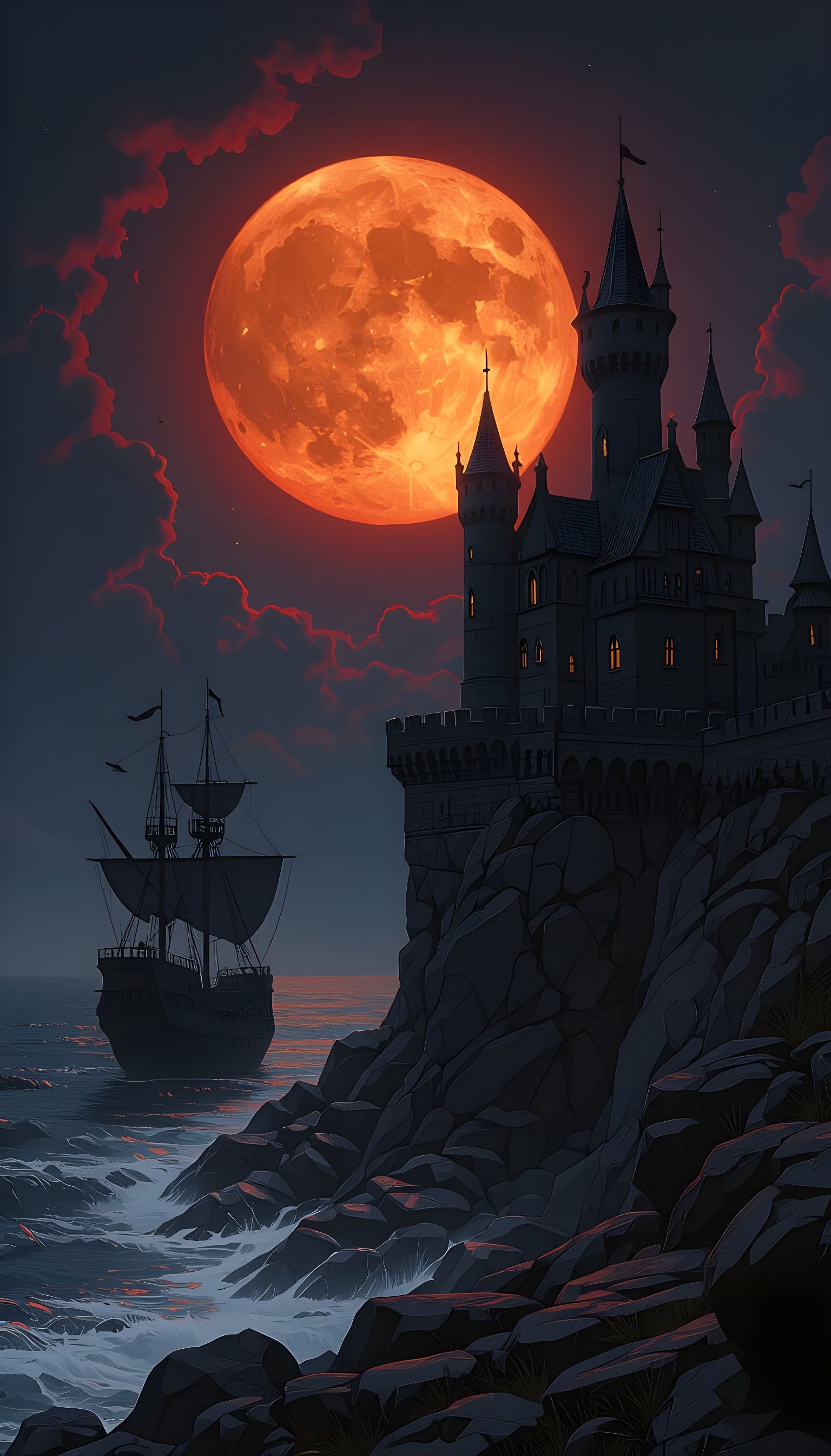 Dark Fantasy Castle on Cliff Overlooking Ocean