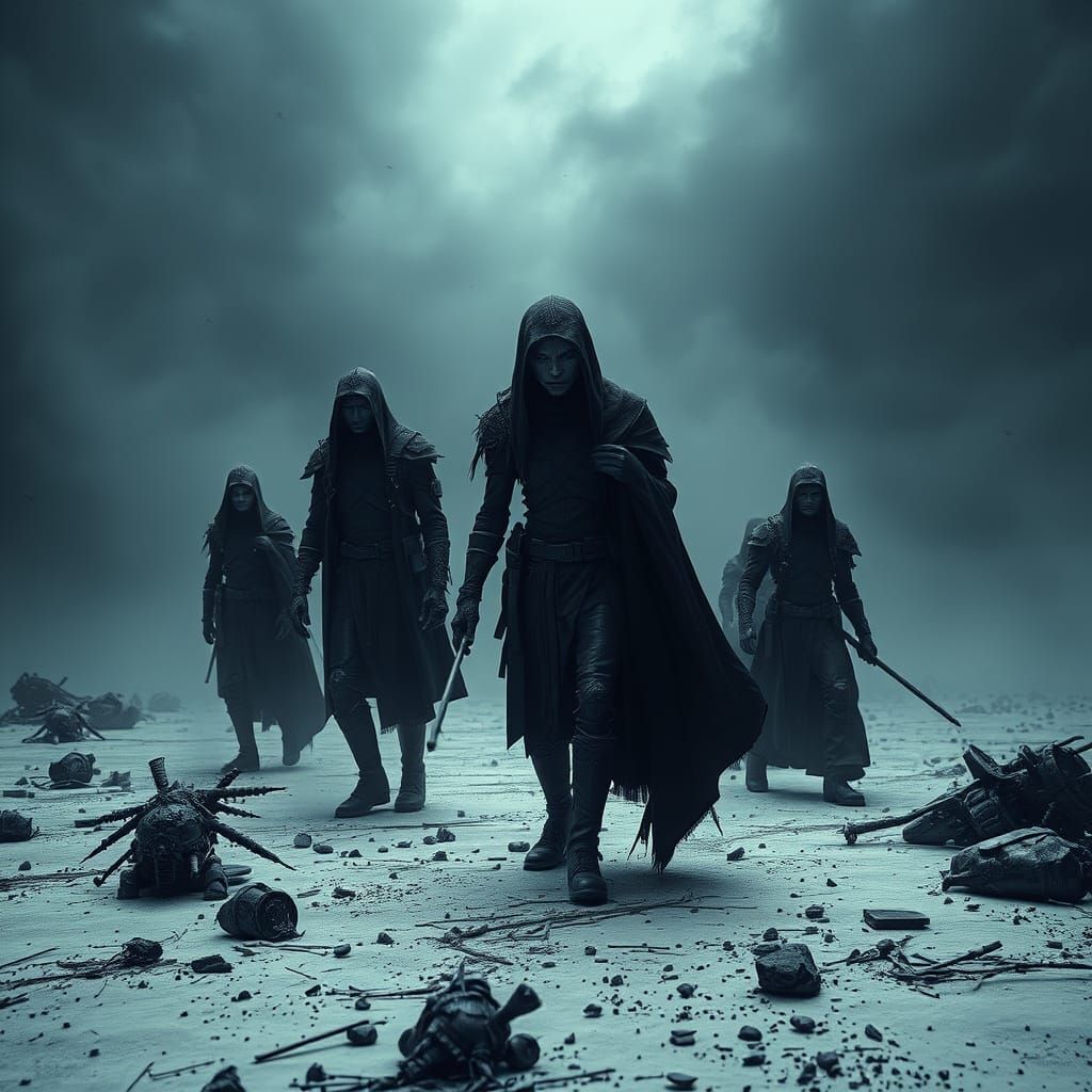 Brooding Figures in Desolate Sci-Fi Landscape