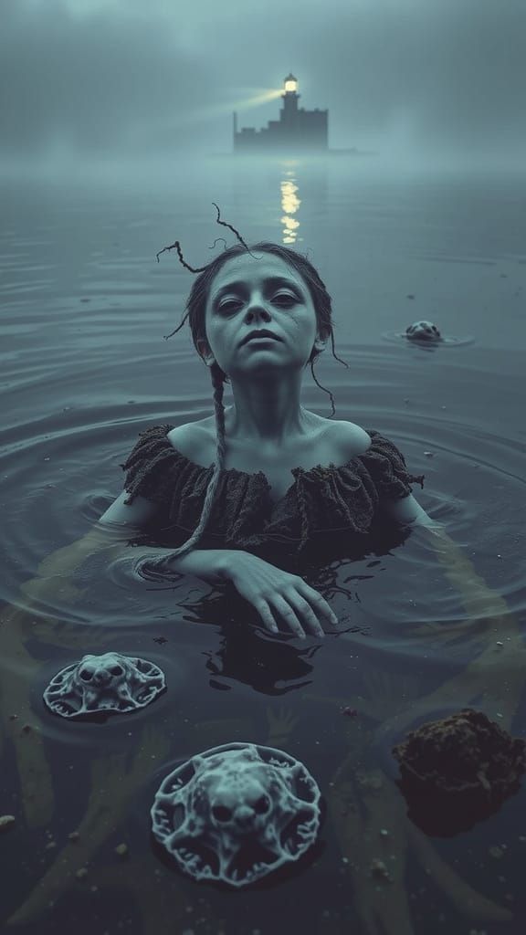 A grotesque, pale mermaid-like creature floats eerily in sha...