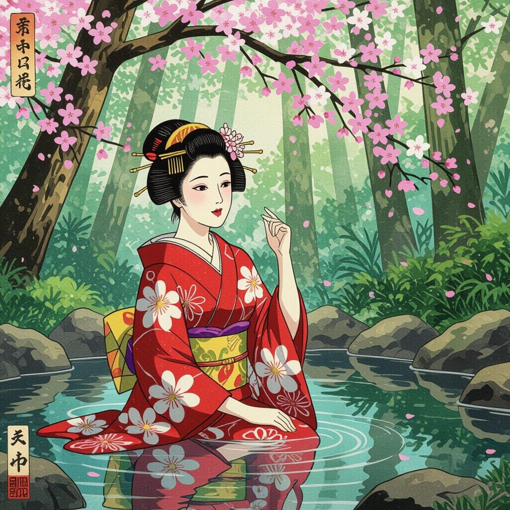 Serene Woman Discovers Secret Hot Spring: Ukiyo-e Style