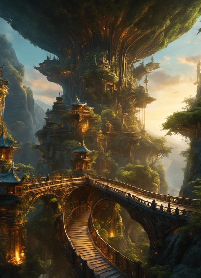 Magnificent Ornate Bridge with Fireflies: Digital Painting