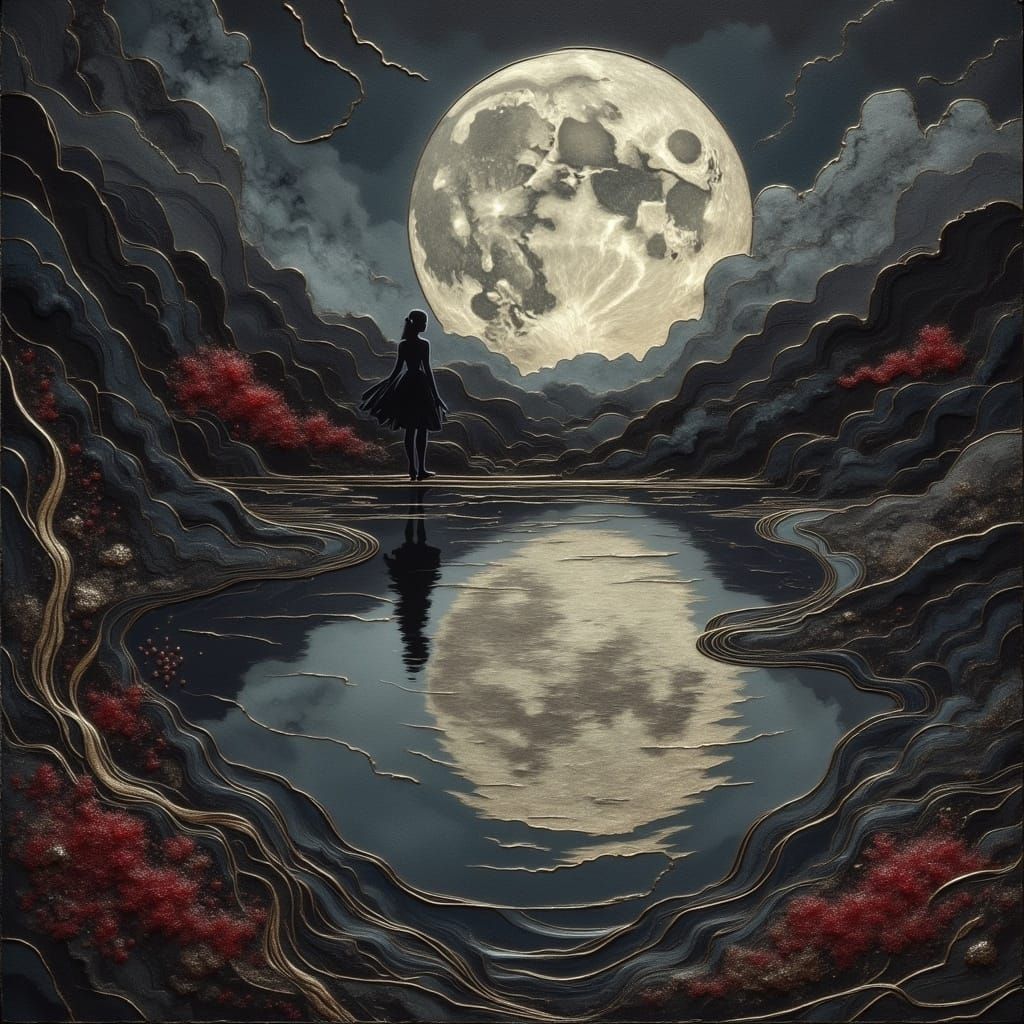 Luminous Moonlit Water Scene in Intricate Cloisonne Style