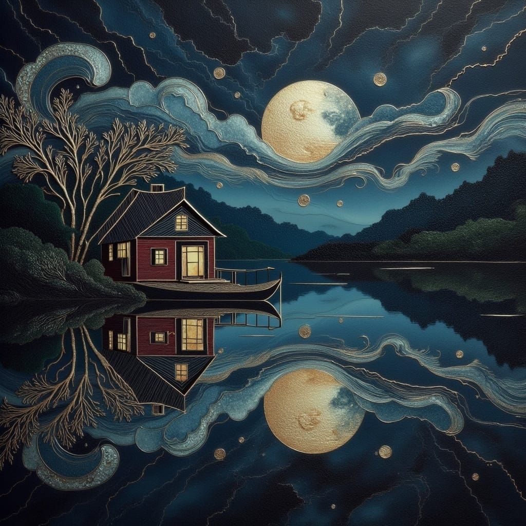 Luminous Moonlit Reflections in Vibrant Cloisonne Style