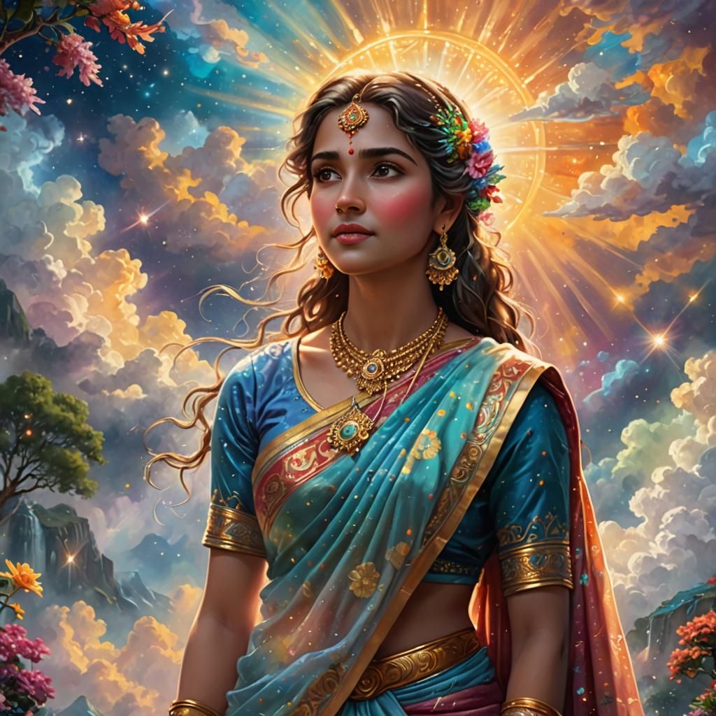 Ethereal Woman in Sari, Cosmic Illustration