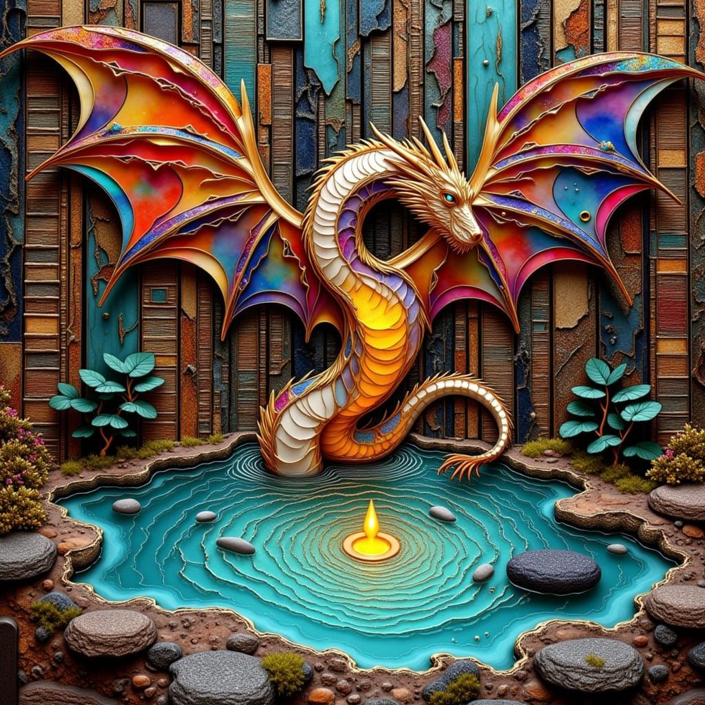 Dragon Emerges from Bubble Pond in Collage Style