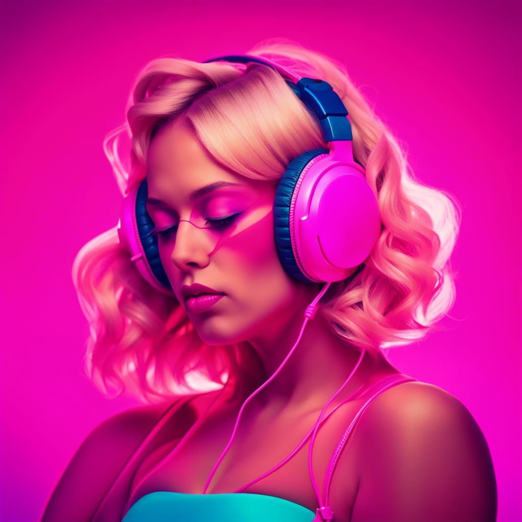 Curvy Blonde Girl in Pink: Synthwave Neon Portrait