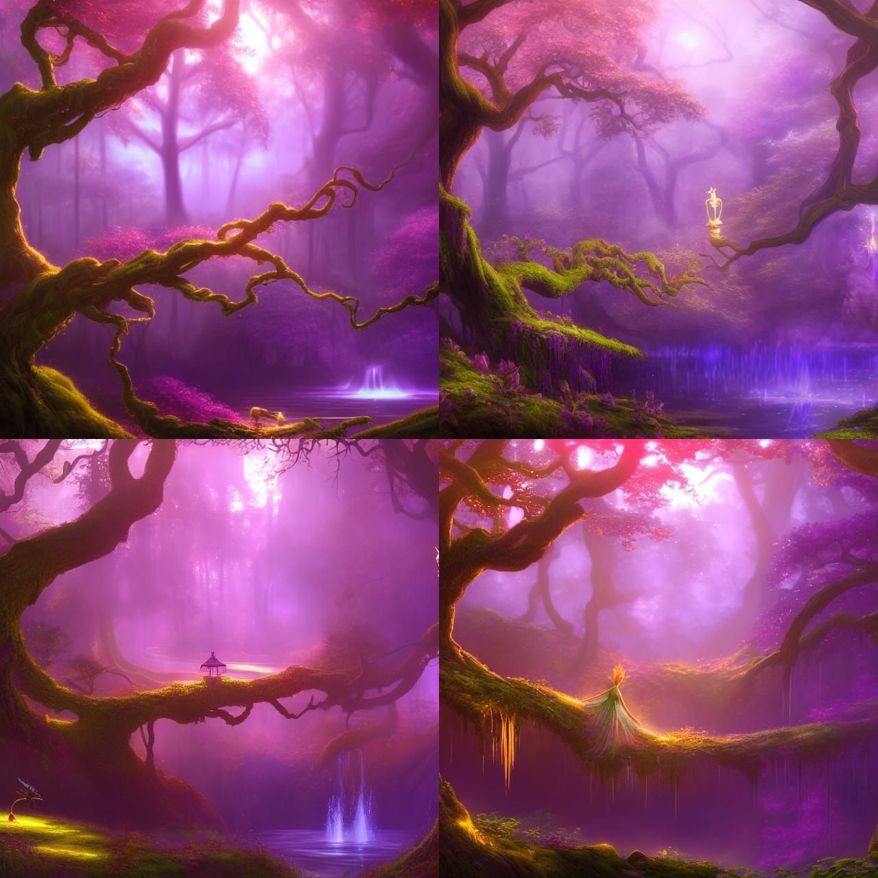 Golden Fountain in Emerald Forest: Fantasy Art