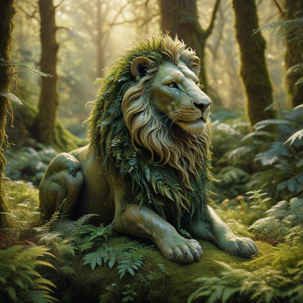 Moss Lion Sculpture in Whimsical, Fantastical Style
