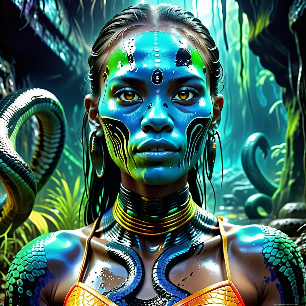 Woman and Cobra in Swamp, Hyper-Realistic Digital Art