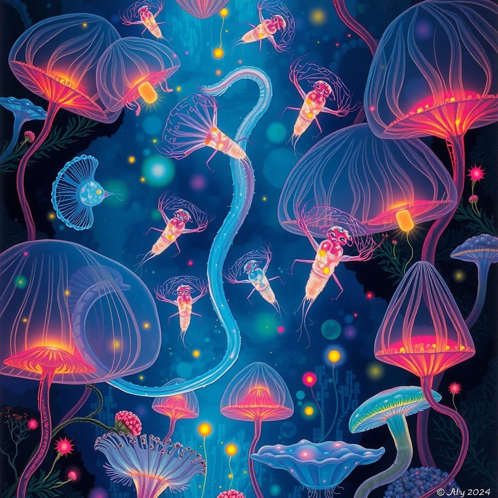 Surreal, Luminous Beings Dance in a Kaleidoscopic, Biolumine...