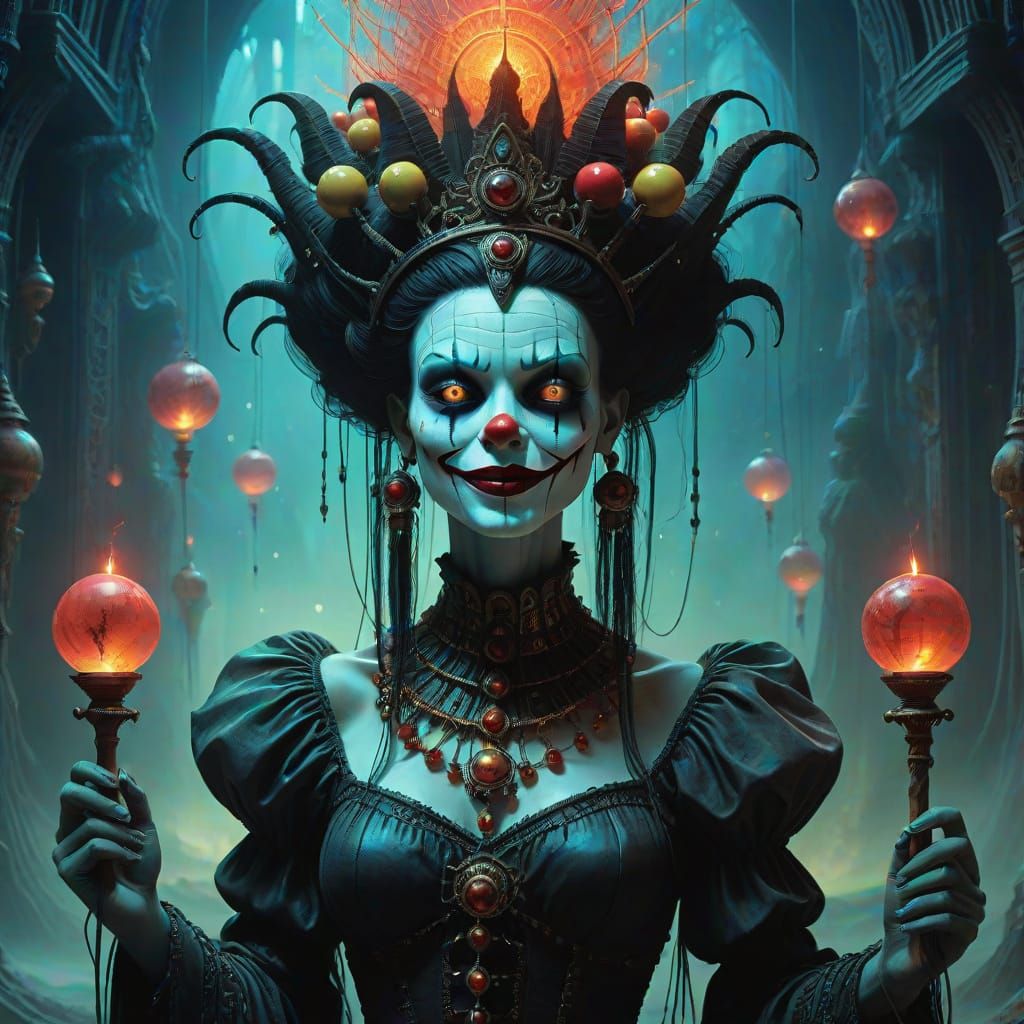Sinister Clown Women in Mystical Carnival Setting