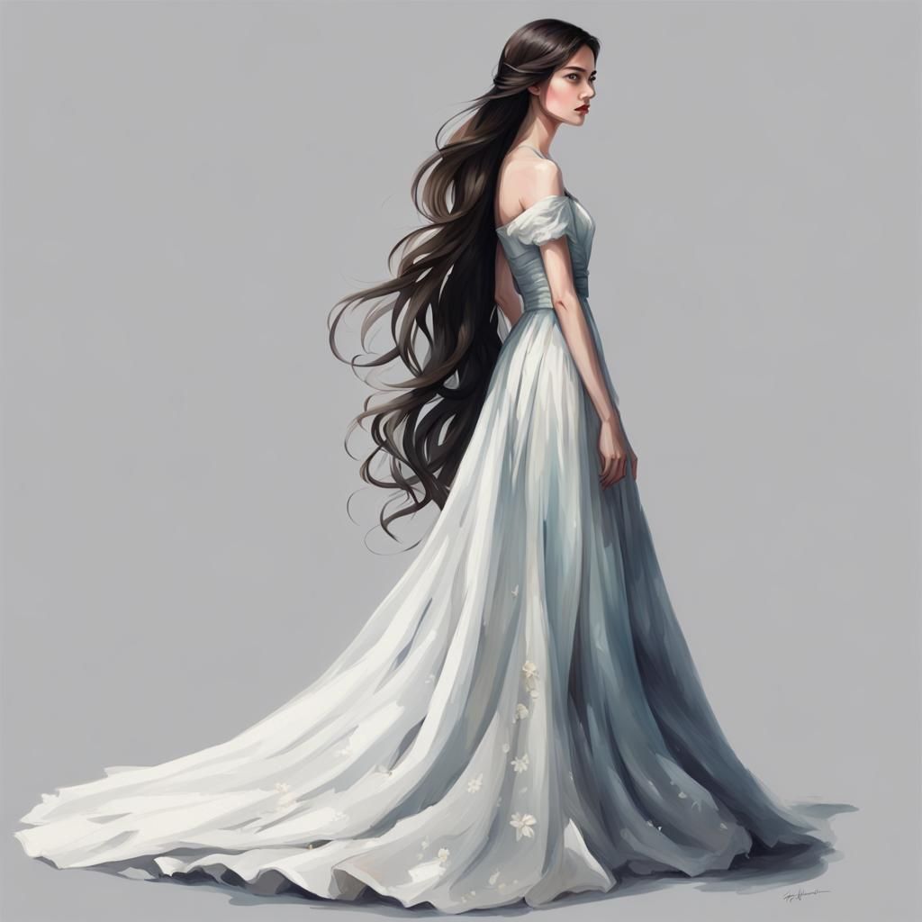 Realistic Young Woman in Gown, Dark Hair Portrait