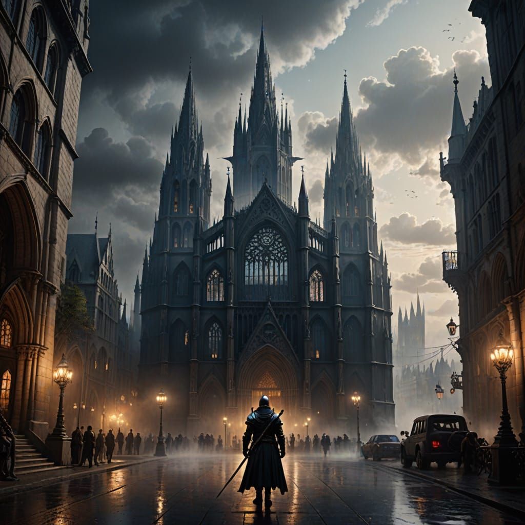Gothic Knight Guards Majestic Cathedral in Misty Twilight