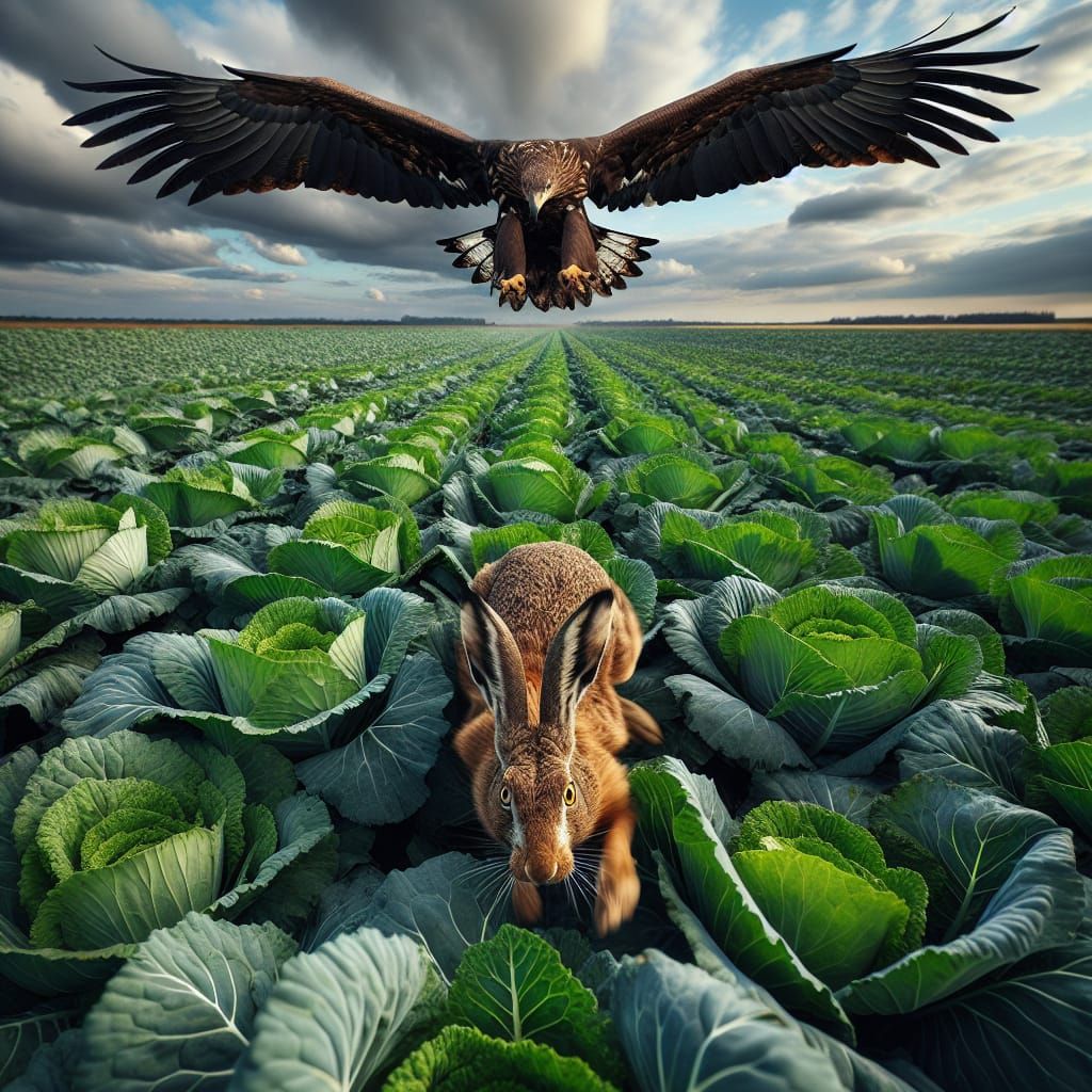 Eagle Hunting Hare in Cabbage Field: Bird's Eye View