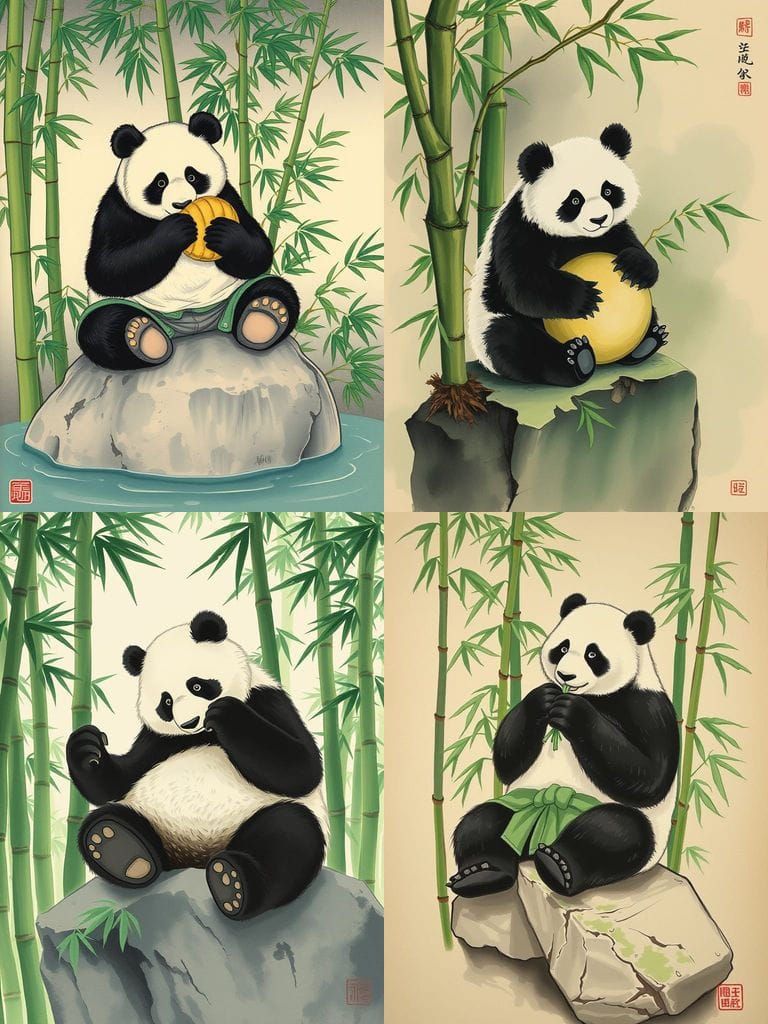 Panda in Bamboo Forest, Sumi-e Style
