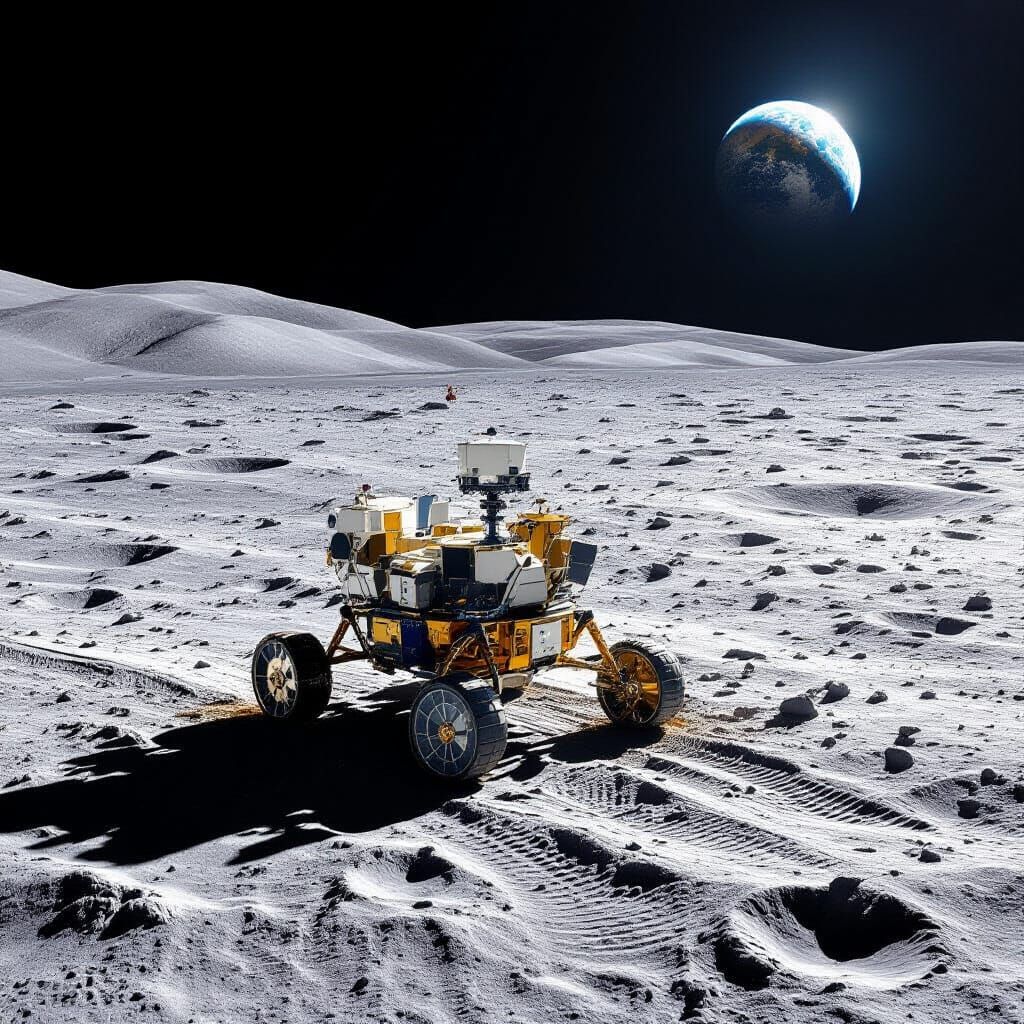 Lunar Rover on Textured Moon Surface with Earth View