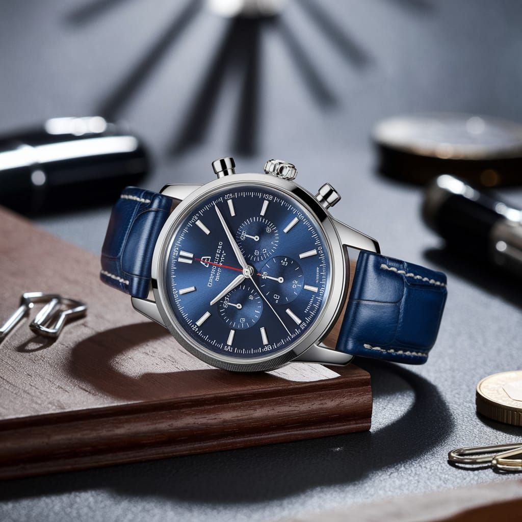 Silver Men's Wristwatch with Blue Dial on Wooden Surface