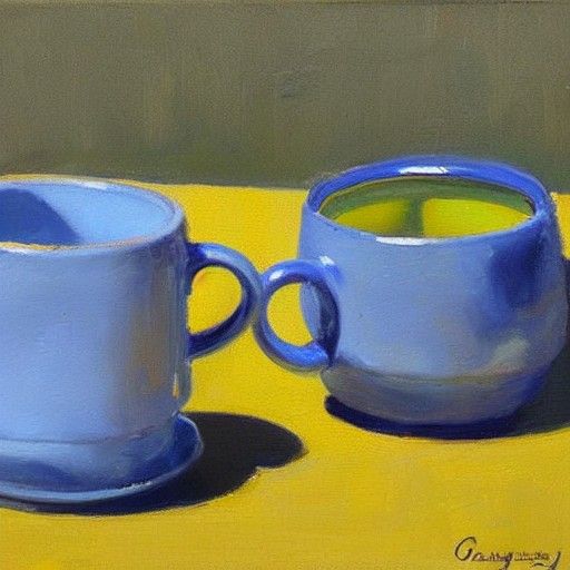 Blue Mug on Yellow Table: Oil Painting