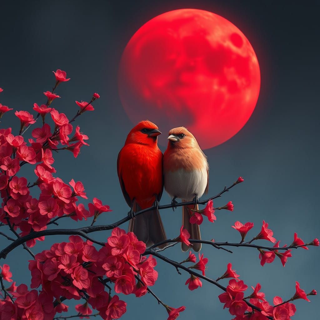 Royal Scarlet and Pale Red Birds Bask in Moonlit Blooms