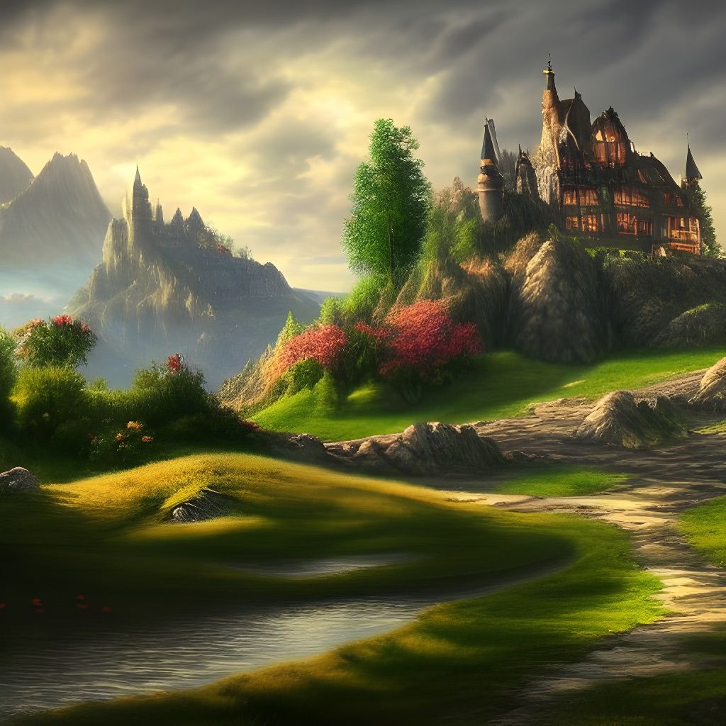 Hyperrealistic Fantasy Wonderland with Castle and Clouds