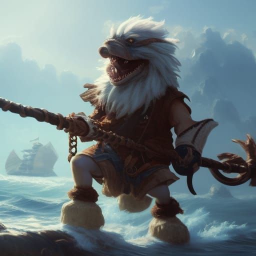 Cute Fluffy Pirate Monster on Corsair Ship