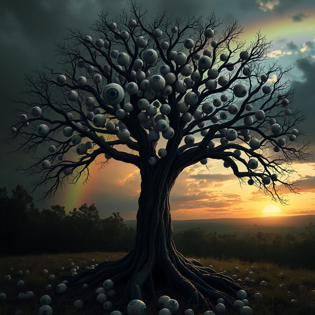 Dark Tree of Eyeballs Set Against a Vibrant Rainbow Sunset
