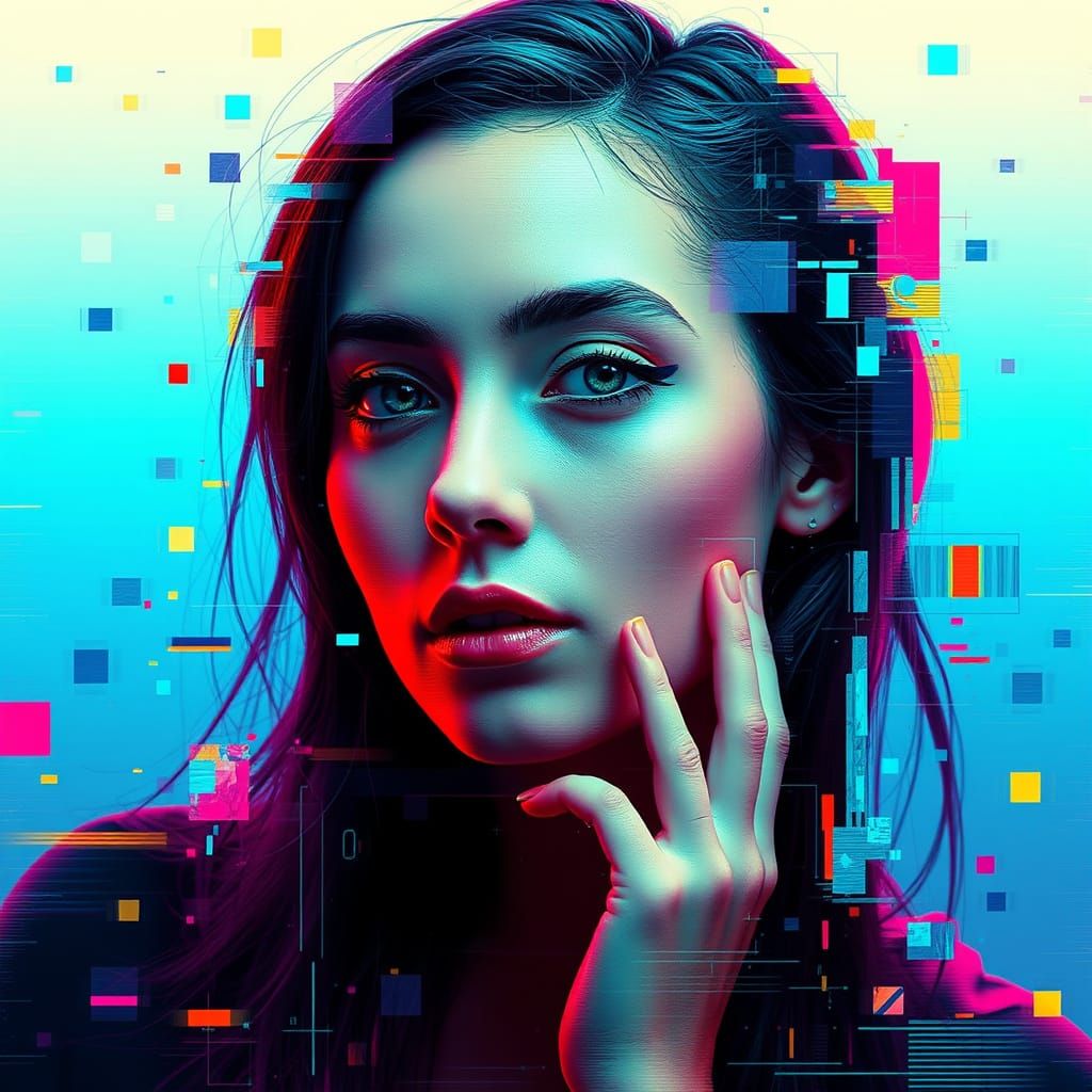 Neon Glitch Portrait in Futuristic Style