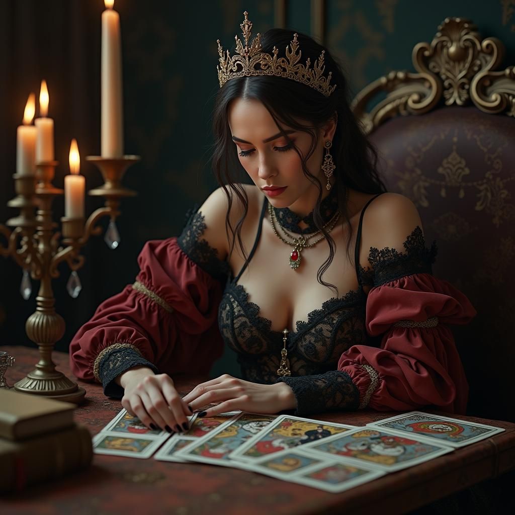 Mystical Woman Reading Tarot Cards in Photorealistic Detail