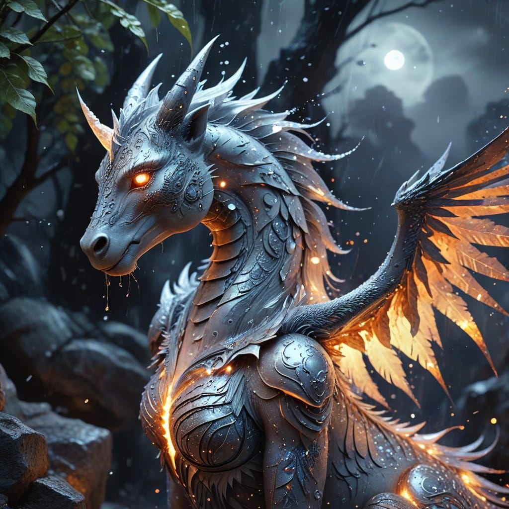 Enchanted Fantasy Creature Under Rainy Night Skies