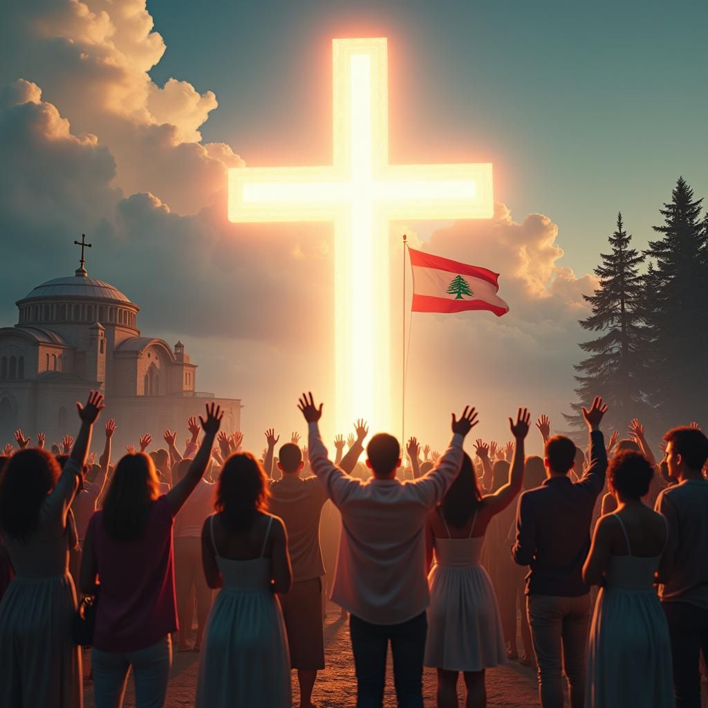 Christians United in Prayer Before Radiant Cross