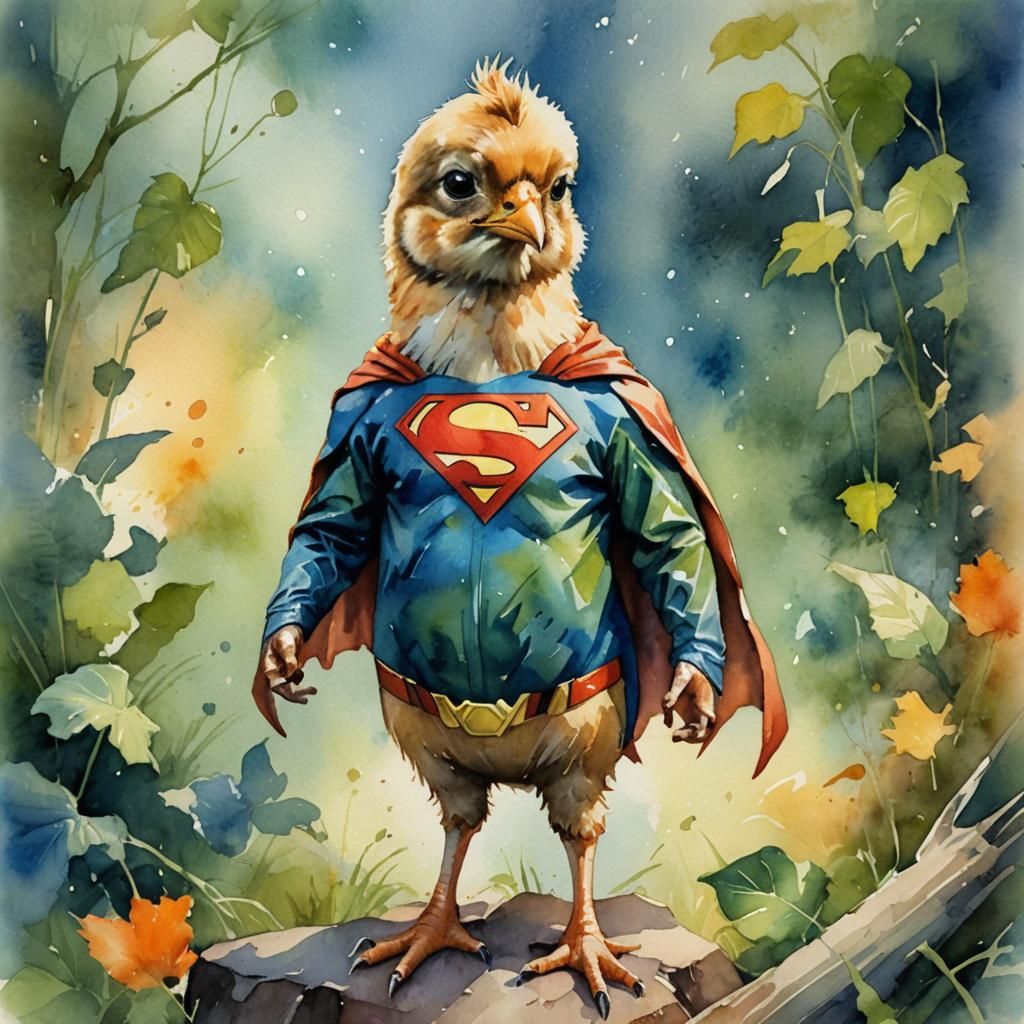 Heroic Chick in Superman Costume, Watercolor Style
