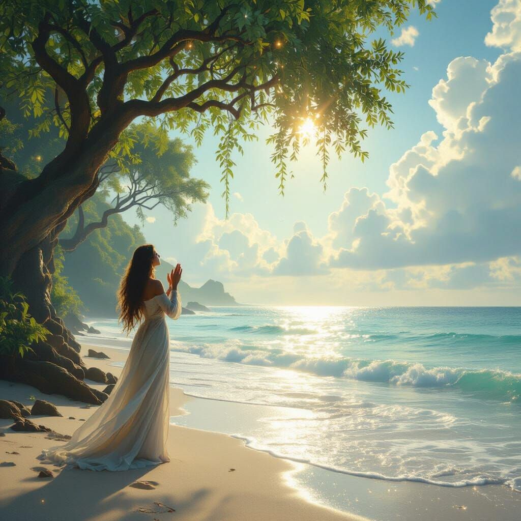 Ethereal Beach Scene with Praying Woman in Fantasy Style