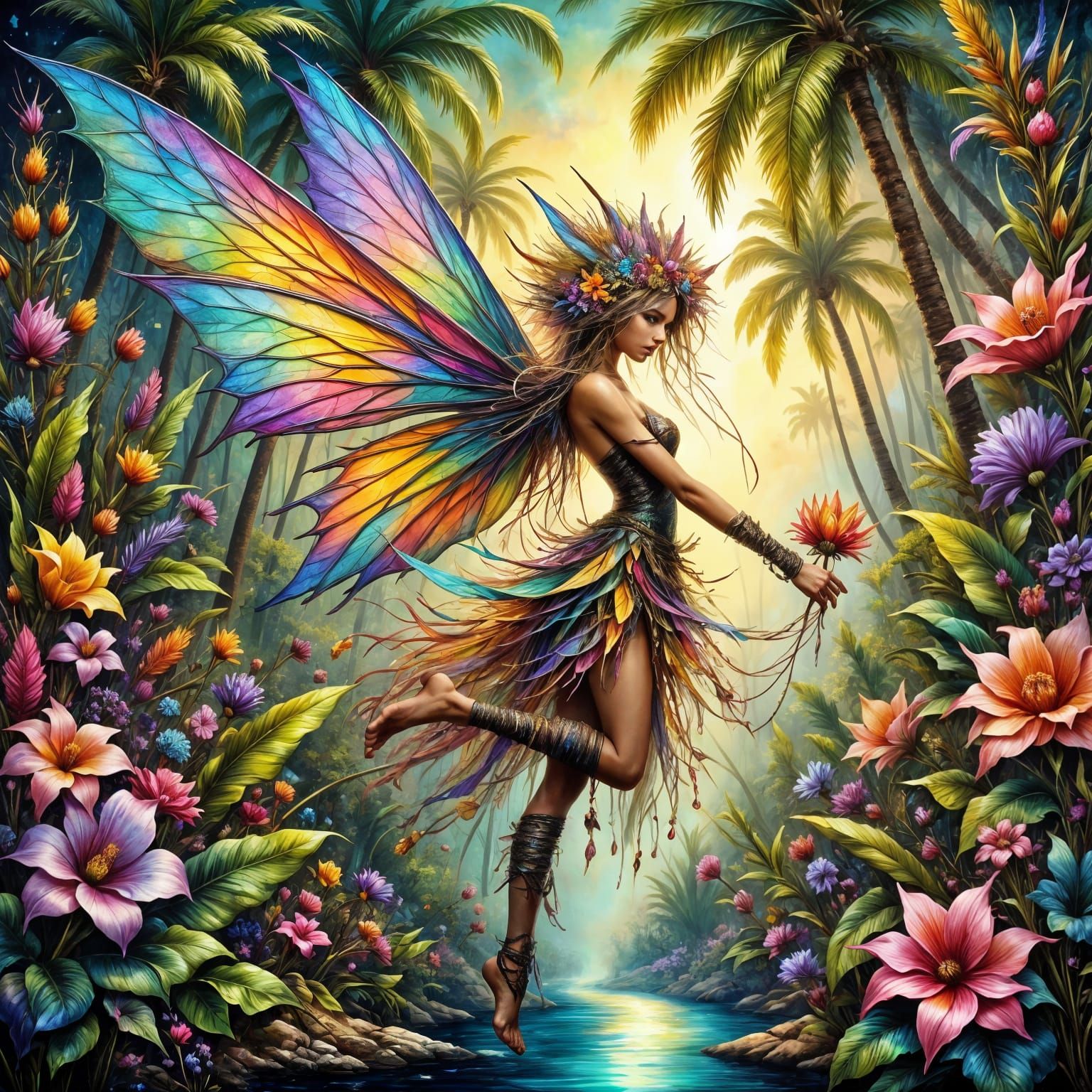 Vibrant Fairy Soars in Tropical Neo-Impressionist Paradise