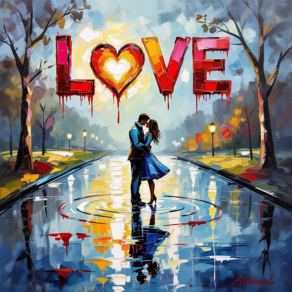 Love is the strength of the scene from a slightly upturned melting in a puddle on canvas or a symbolic representation of...