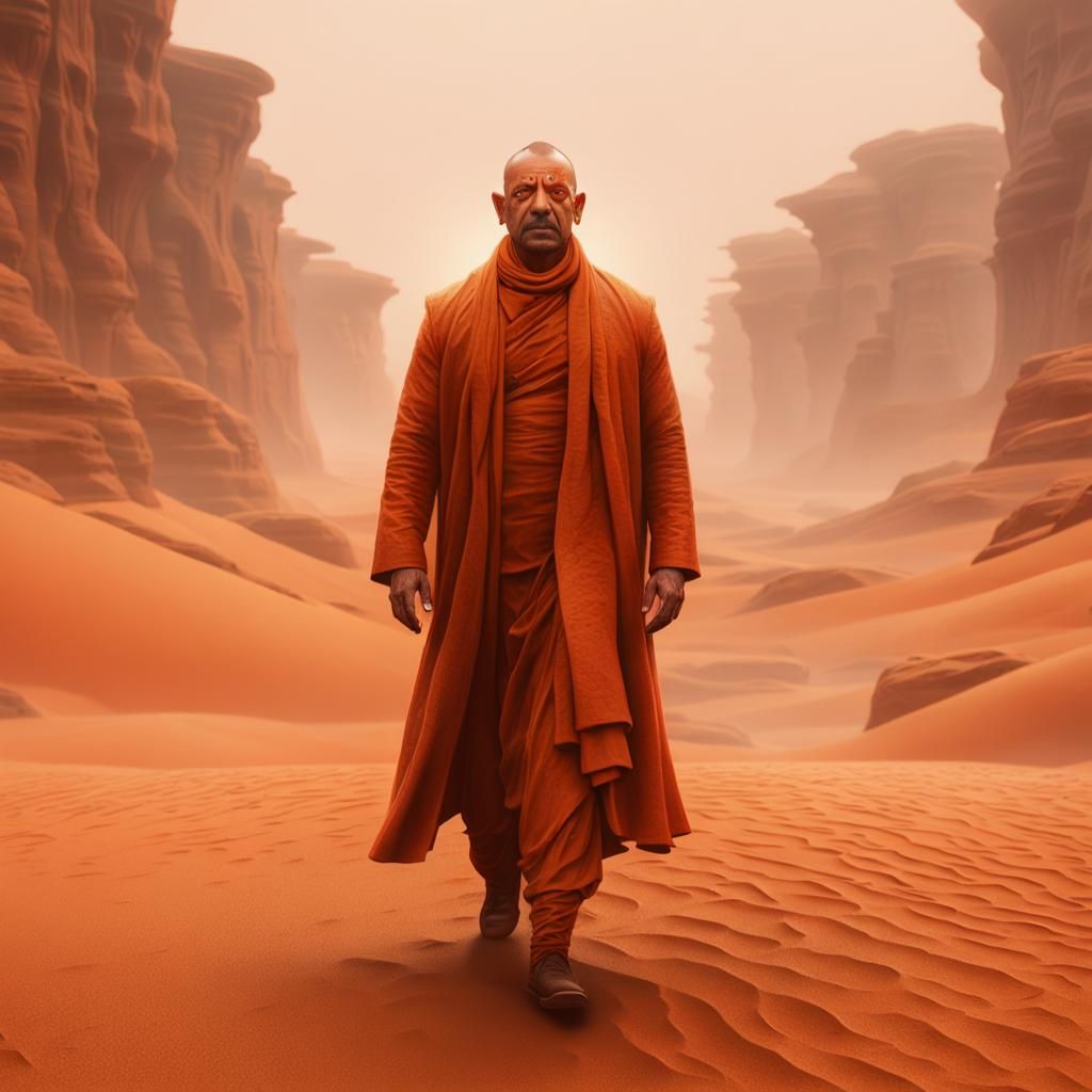 Futuristic Yogi in Orange Desert, Matte Painting