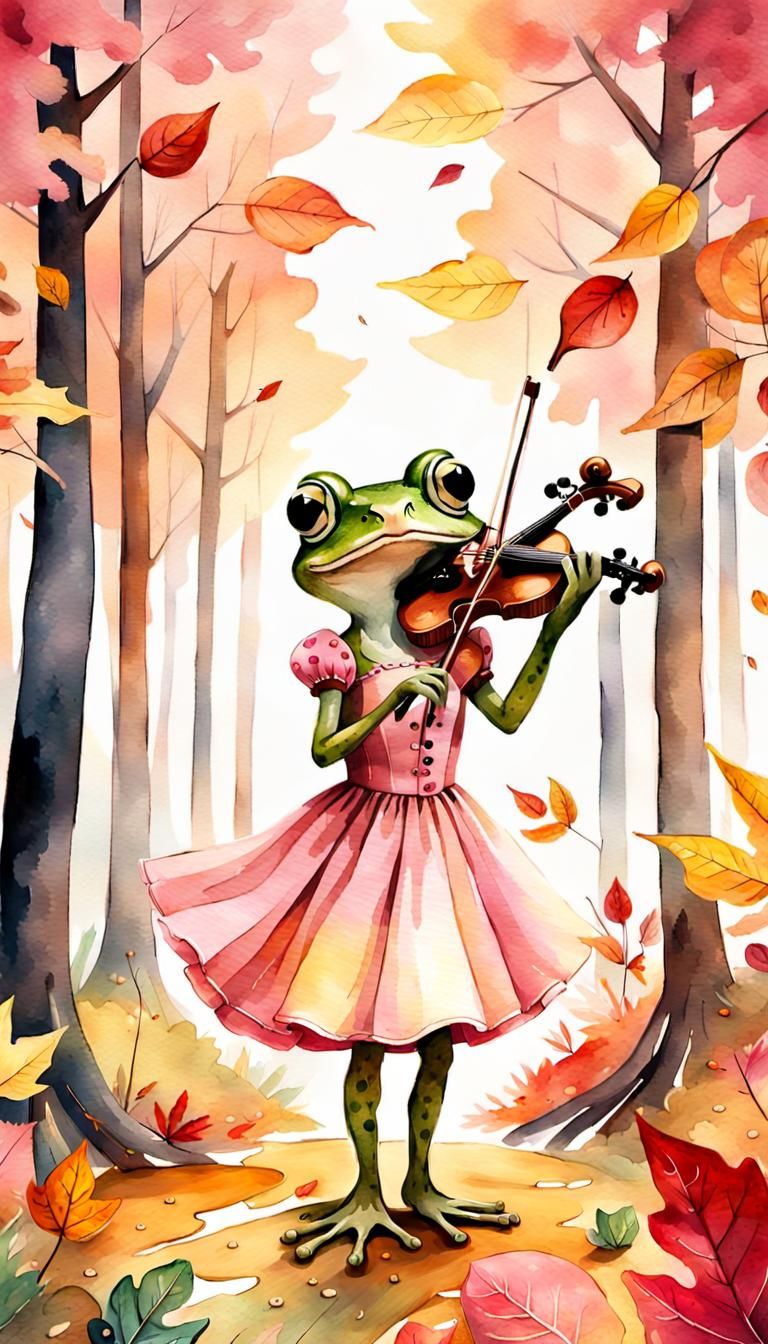 Whimsical Frog Violinist in Autumn Forest Watercolor