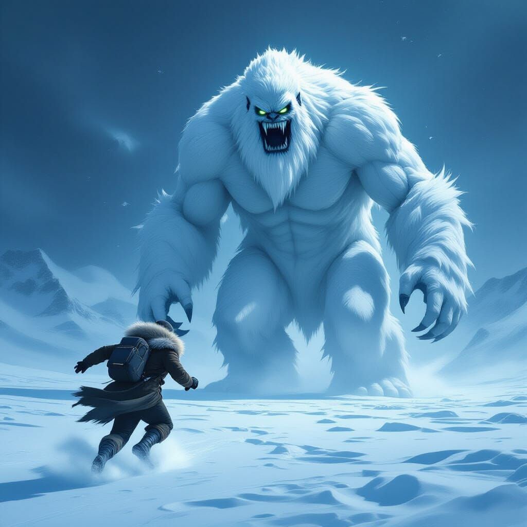 Terrifying Abominable Snowman Chases Man in Frozen Landscape
